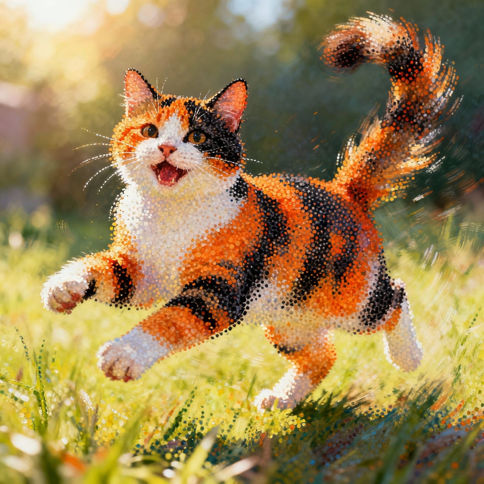 Kinetic pointillism happy calico cat.