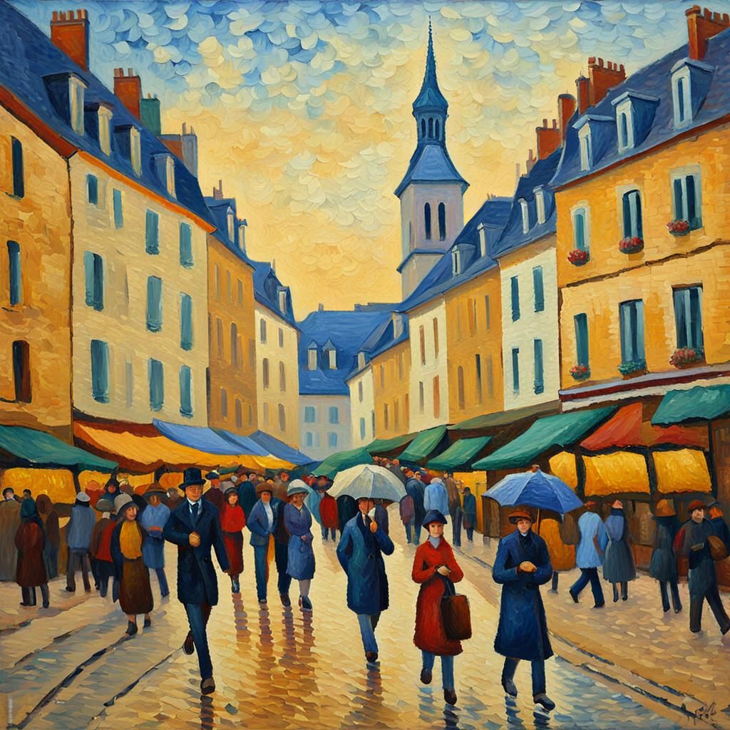Dijon Street Scene in Neo-Impressionist Style