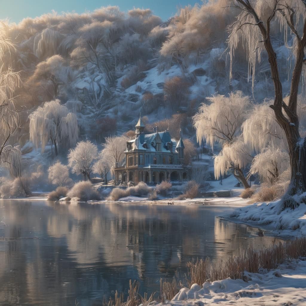 Epic Winter Mansion Amid Frozen Willow Landscape
