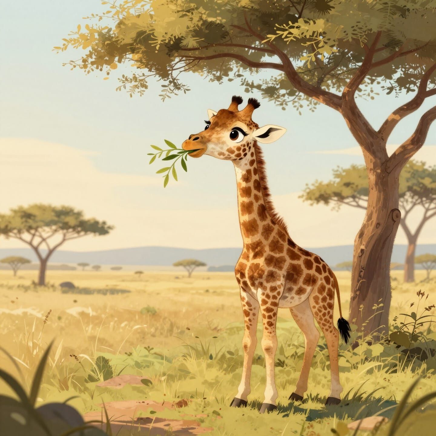 Adorable Giraffe Nibbling Leaves in Golden Hour Savanna