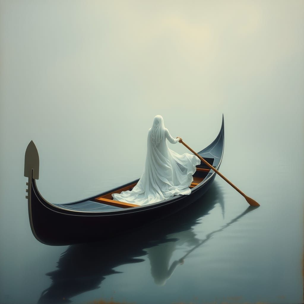 Ethereal Ghost Gondola on Misty River: Surreal Oil Painting