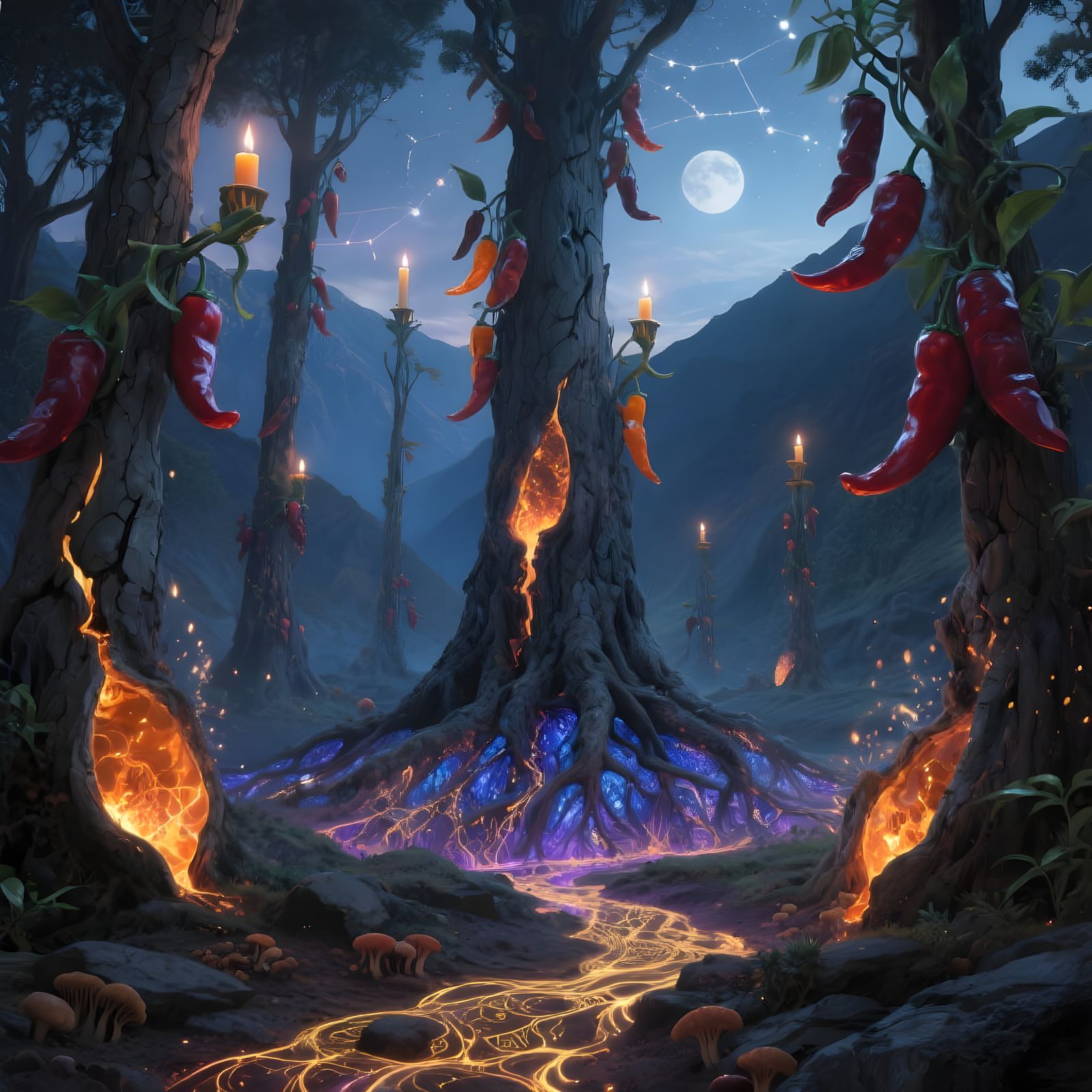 Andean Twilight: Glowing Ají Trees in Luminous Fungal Valley