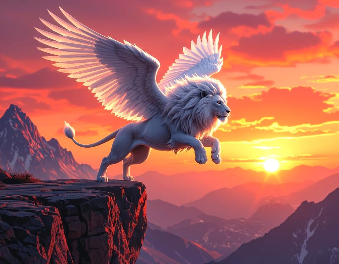 Majestic Silver Lion With Wings Takes Flight At Dusk
