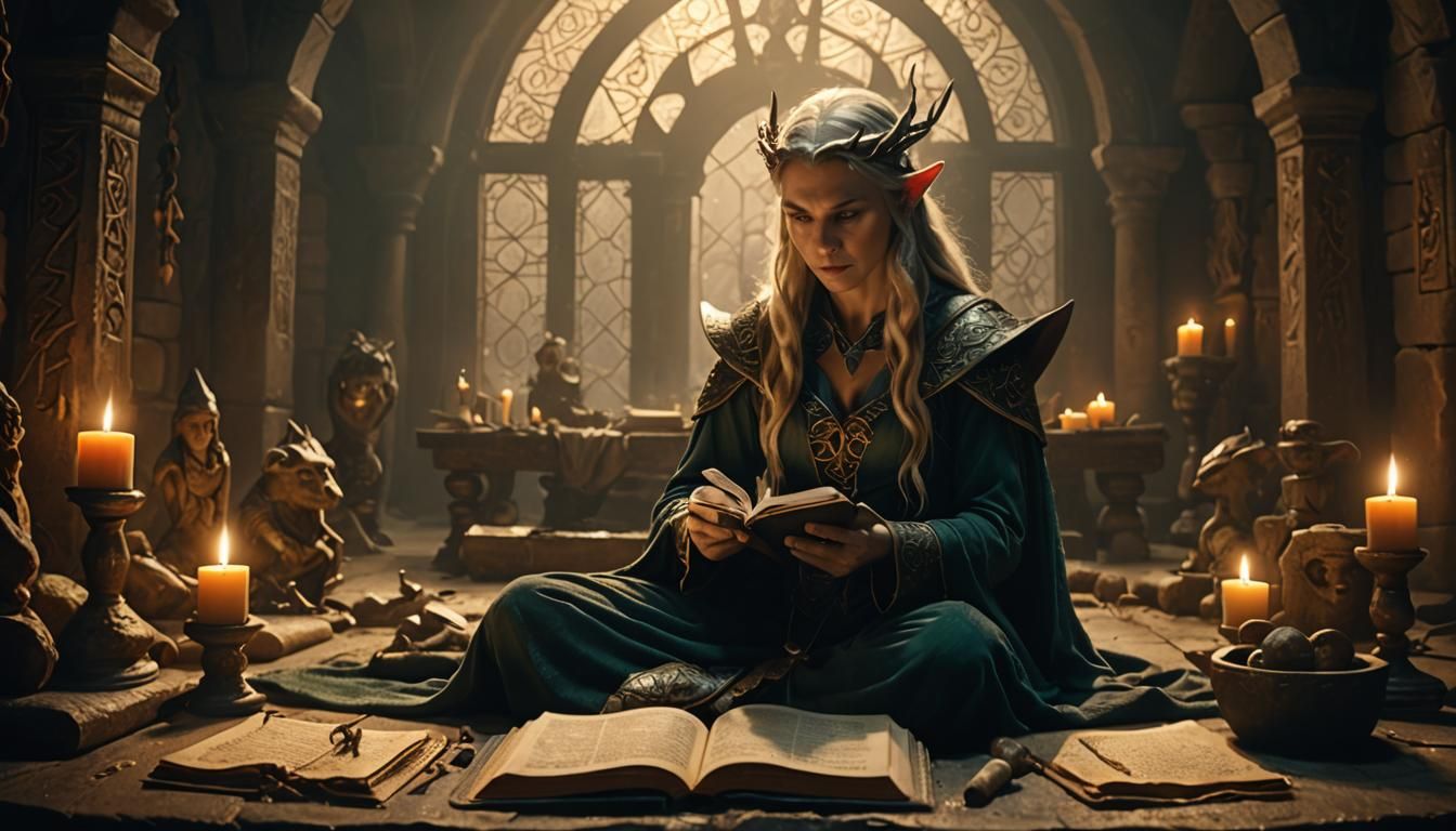 Elf-Witch Queen Learns New Spell in Mystical Chamber