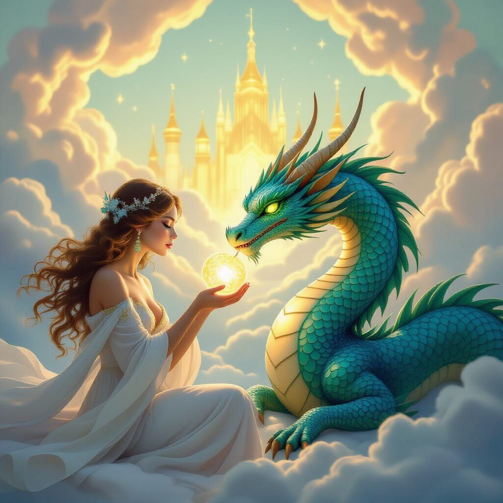 Goddess of Love Feeds Luminous Orb to Wise Dragon near Heave...