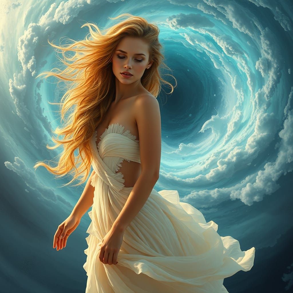 Woman in Torn Dress Pulled into Ethereal Maelstrom