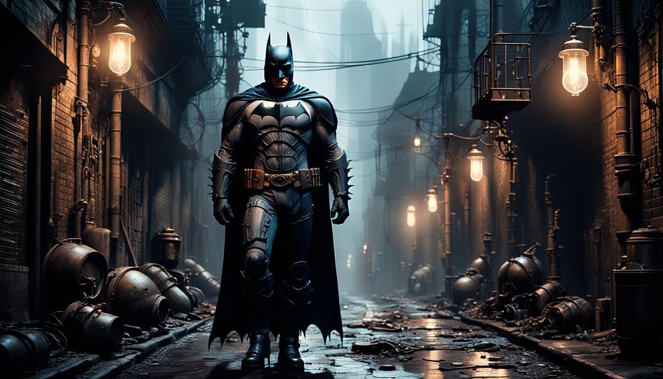 Steampunk Batman in Foggy Alleyway, Inspired by Giger