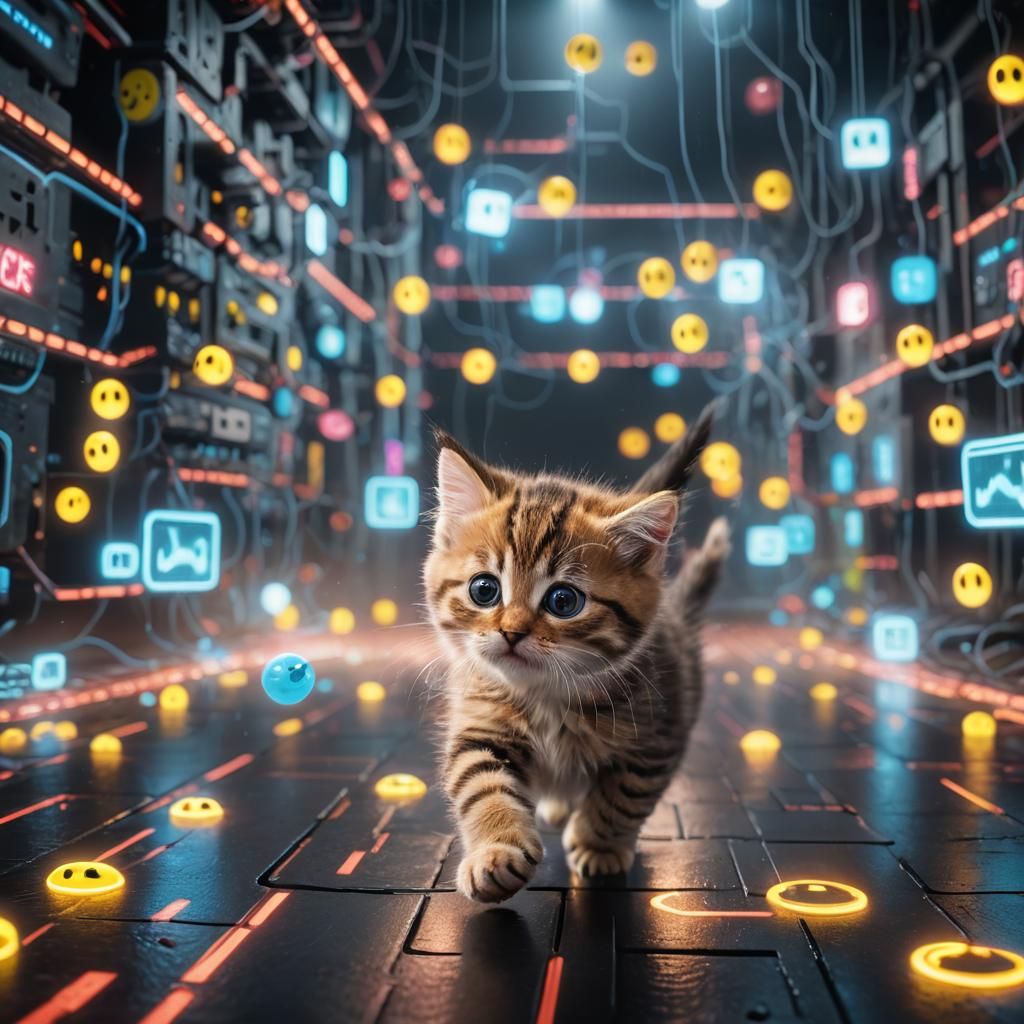 Kitten in Cyberspace Chasing Pac-Man Ghosts