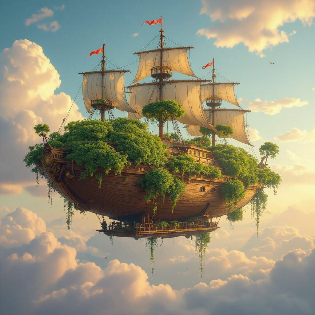 Giant Tree Airship Soaring Through a Sunlit Sky