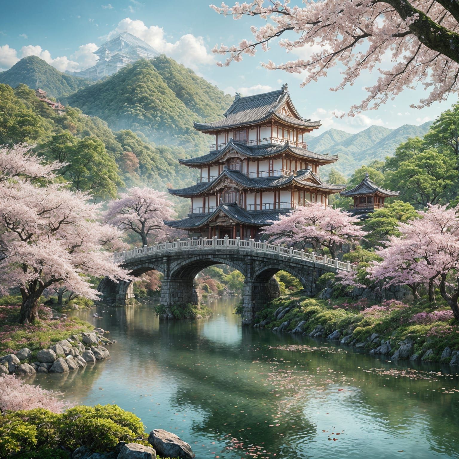 Cherry Blossom Palace with Bridge in Japanese Forest