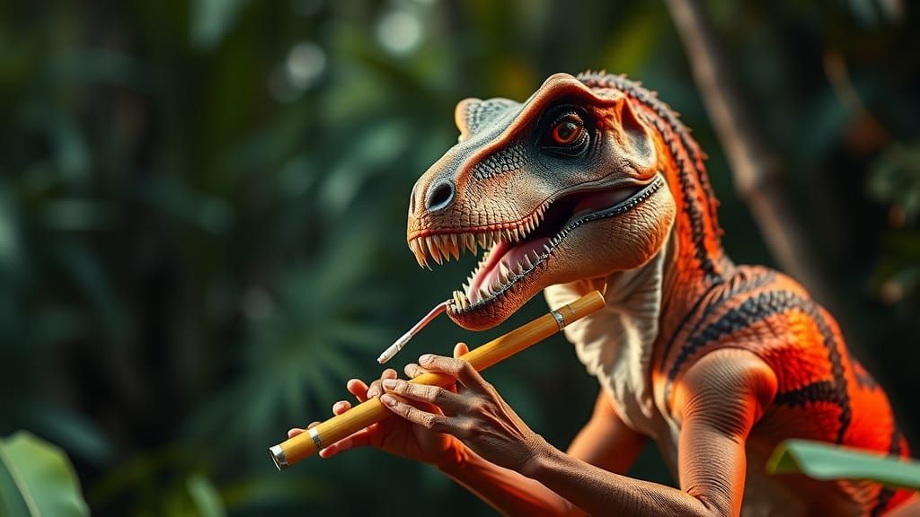 Velociraptor Plays Flute in Jungle Photo