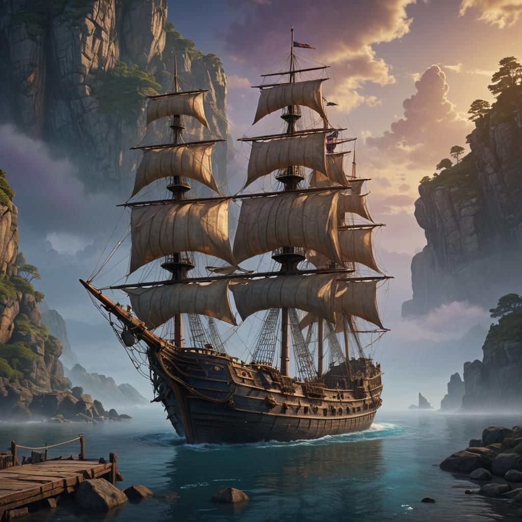Majestic Stone Sailing Ship Anchored in Golden Dawn