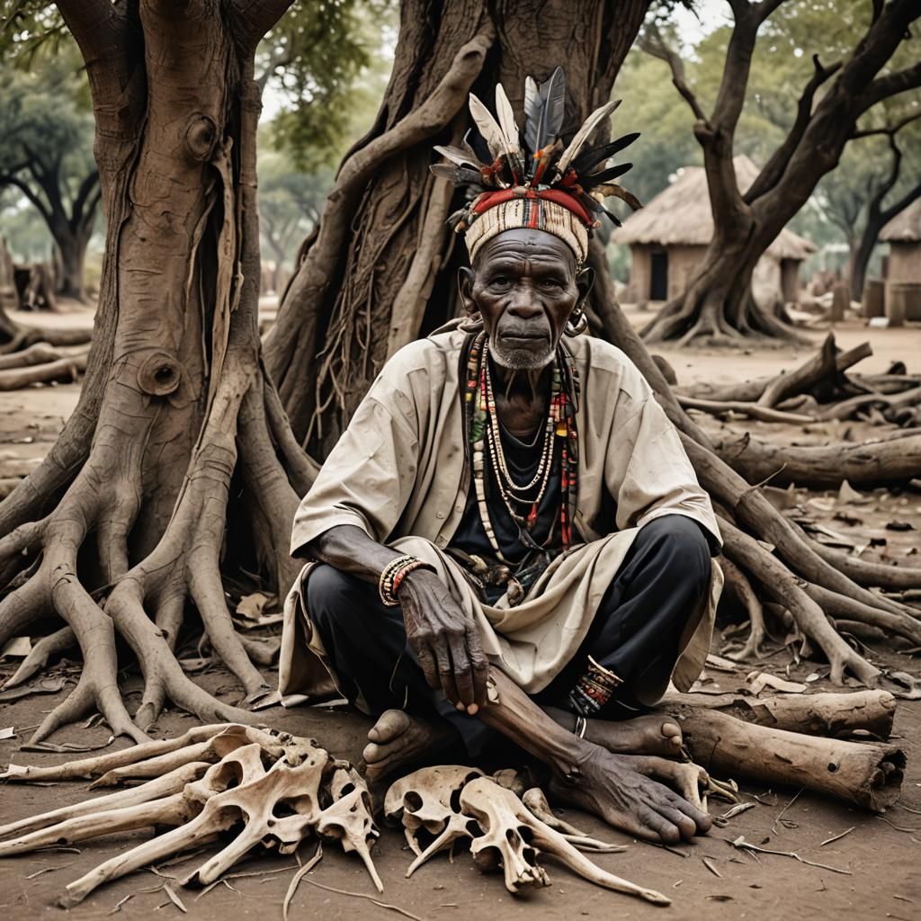 Wise African Witch Doctor with Traditional Artifacts