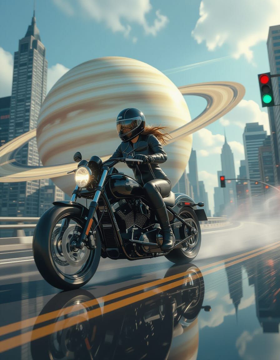 Motorcycle Rider on Saturn Rings in Sci-Fi Style