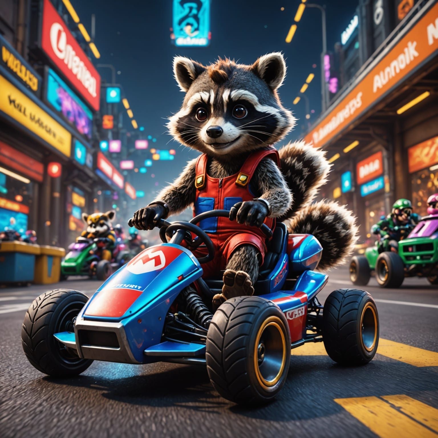 Cyber Raccoon Plays Mario Kart in Cyberpunk Style