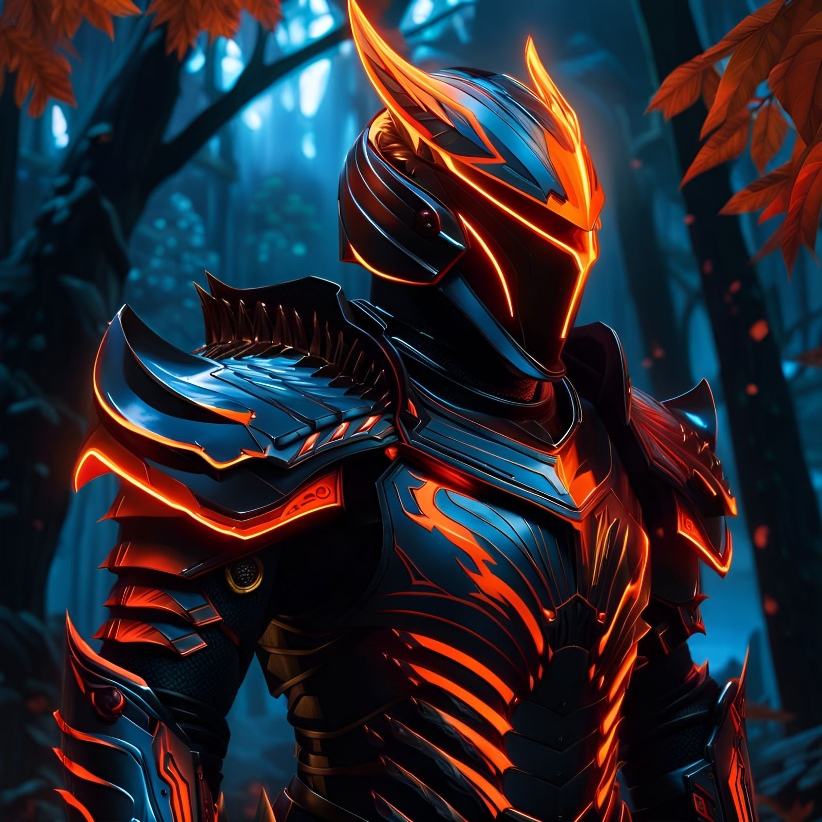 Clad Warrior in Magical Armor at Night