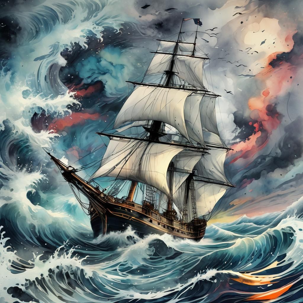 Ship Sailing in Maelstrom: Watercolor Splash Art