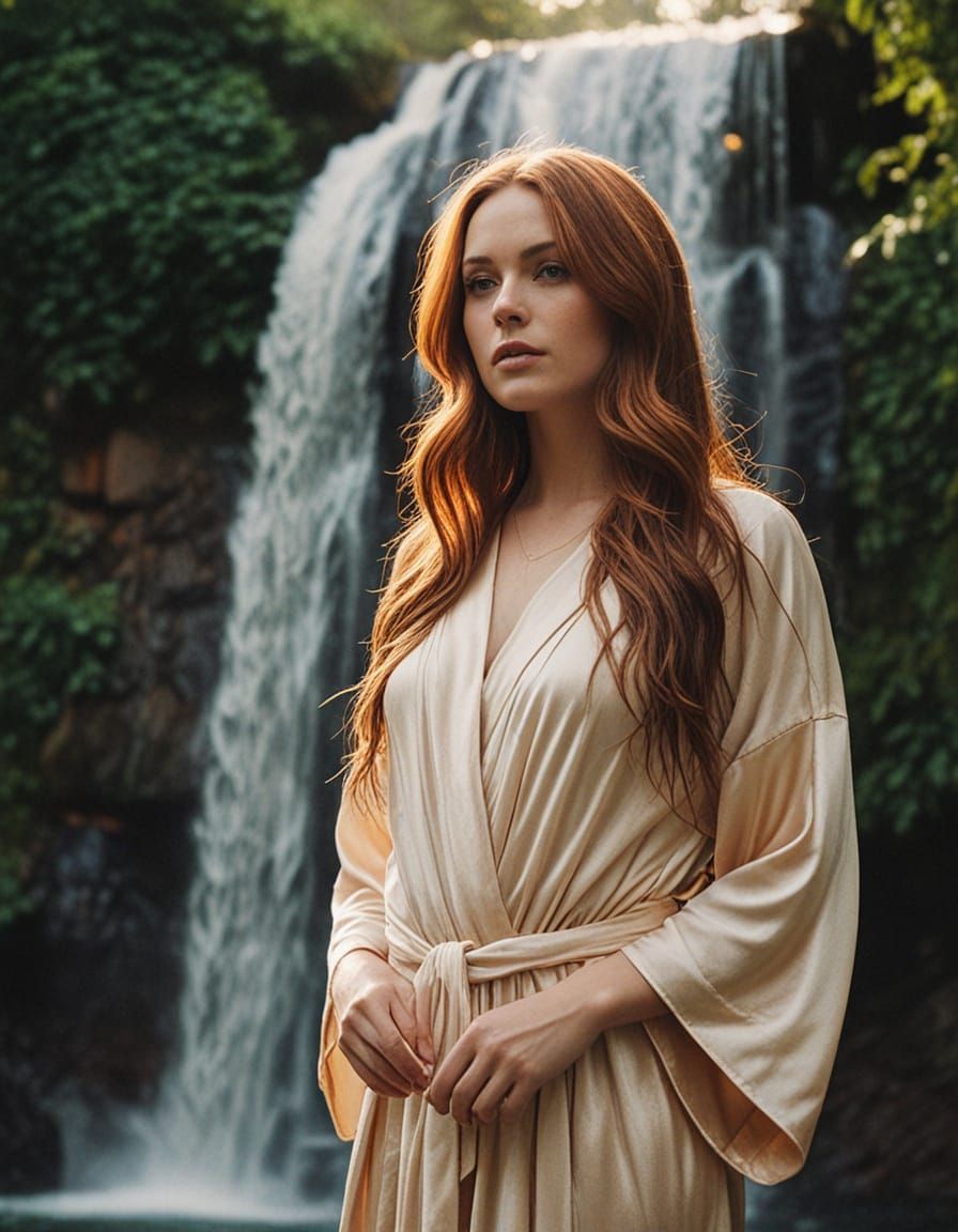 Auburn Haired Woman at Waterfall in Cinematic Style