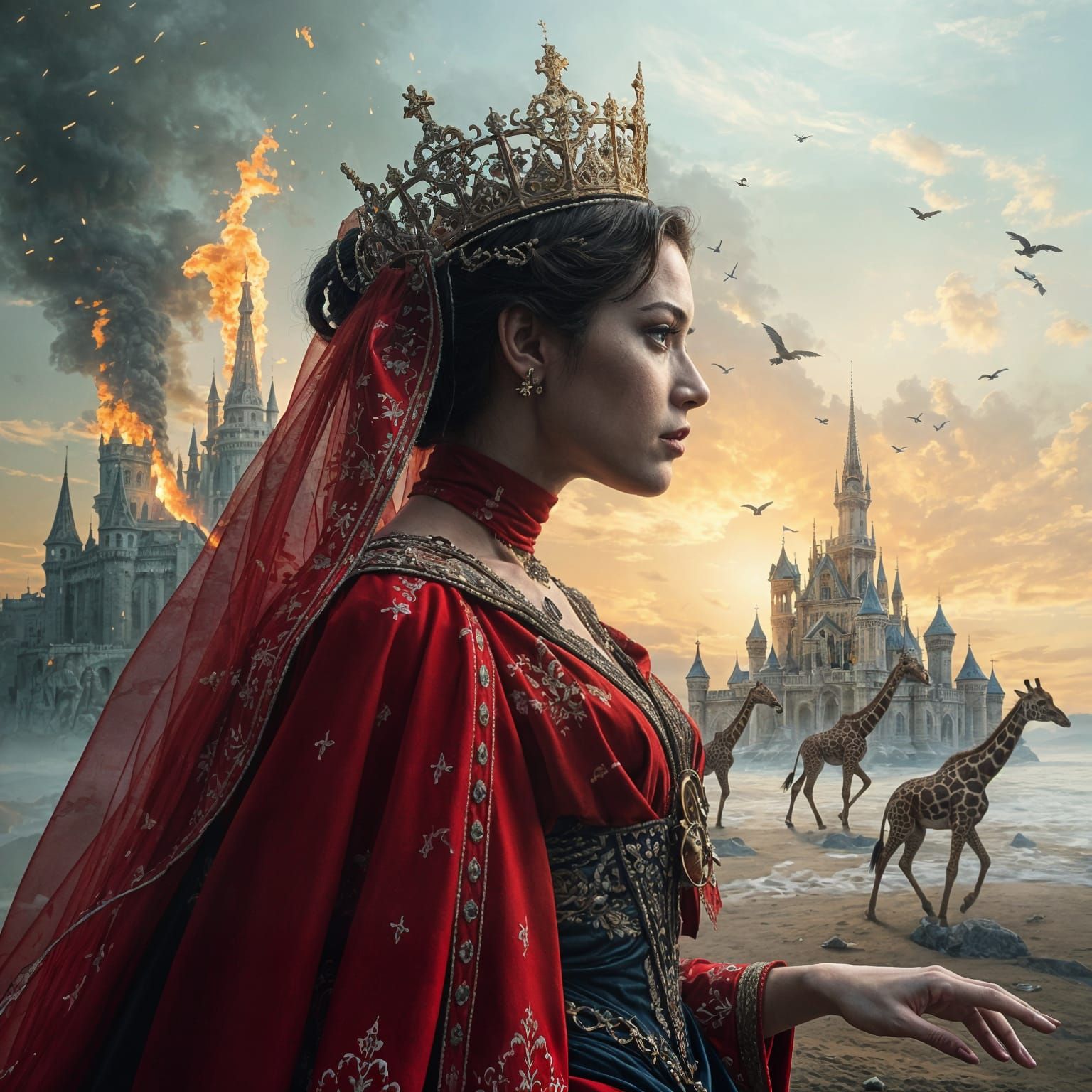 Queen in Exile Watches Kingdom Burn: Surreal Double Exposure