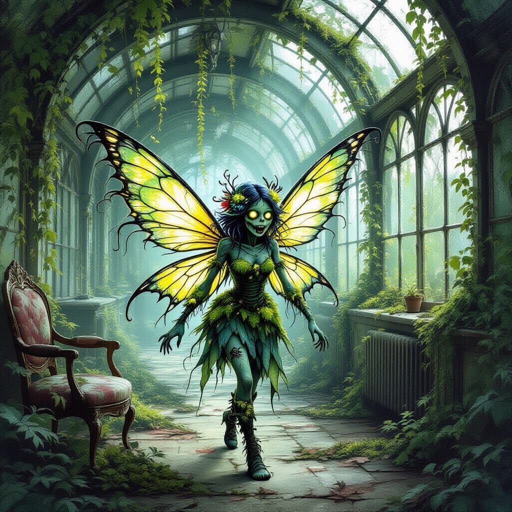 Zombie Fairy in Abandoned Greenhouse, Vintage Illustration S...