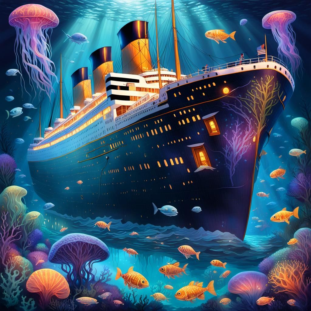 Titanic on Ocean Floor in Vibrant Oil Painting