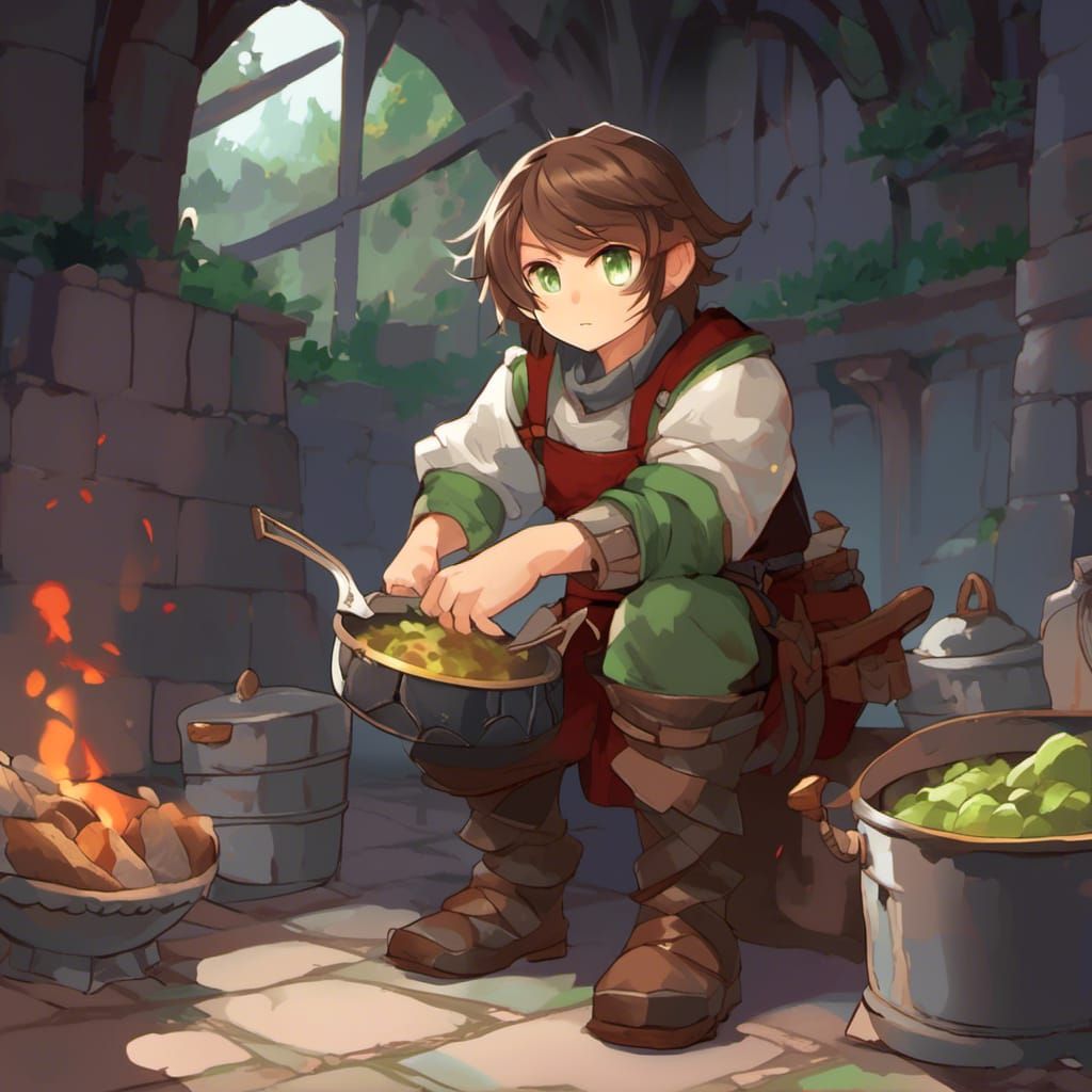 Anime Halfling Fighter with Cookware Armor
