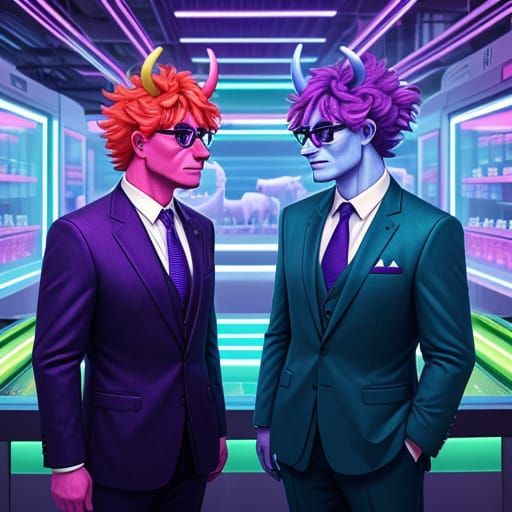 Neon Vaporwave: Cows in Suits on the Farm