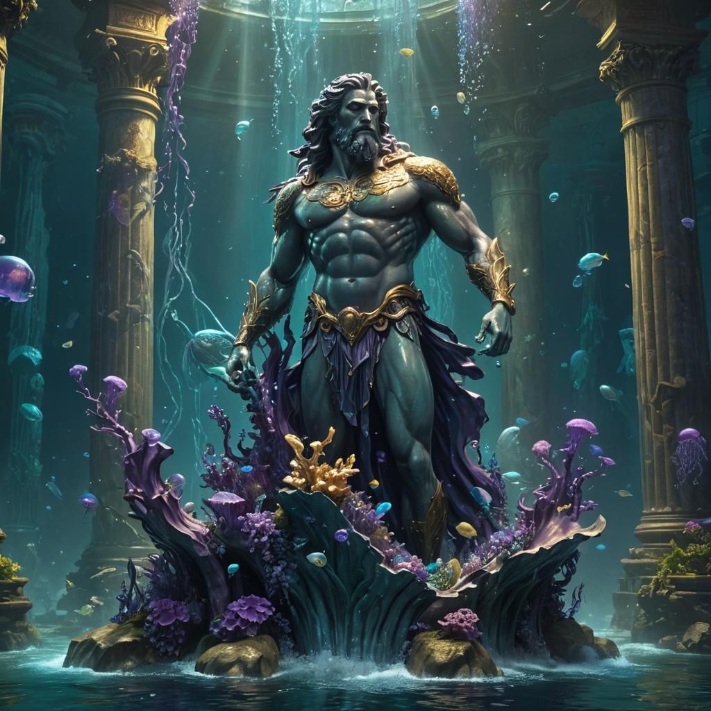 Poseidon Statue in Mystical Underwater Realm