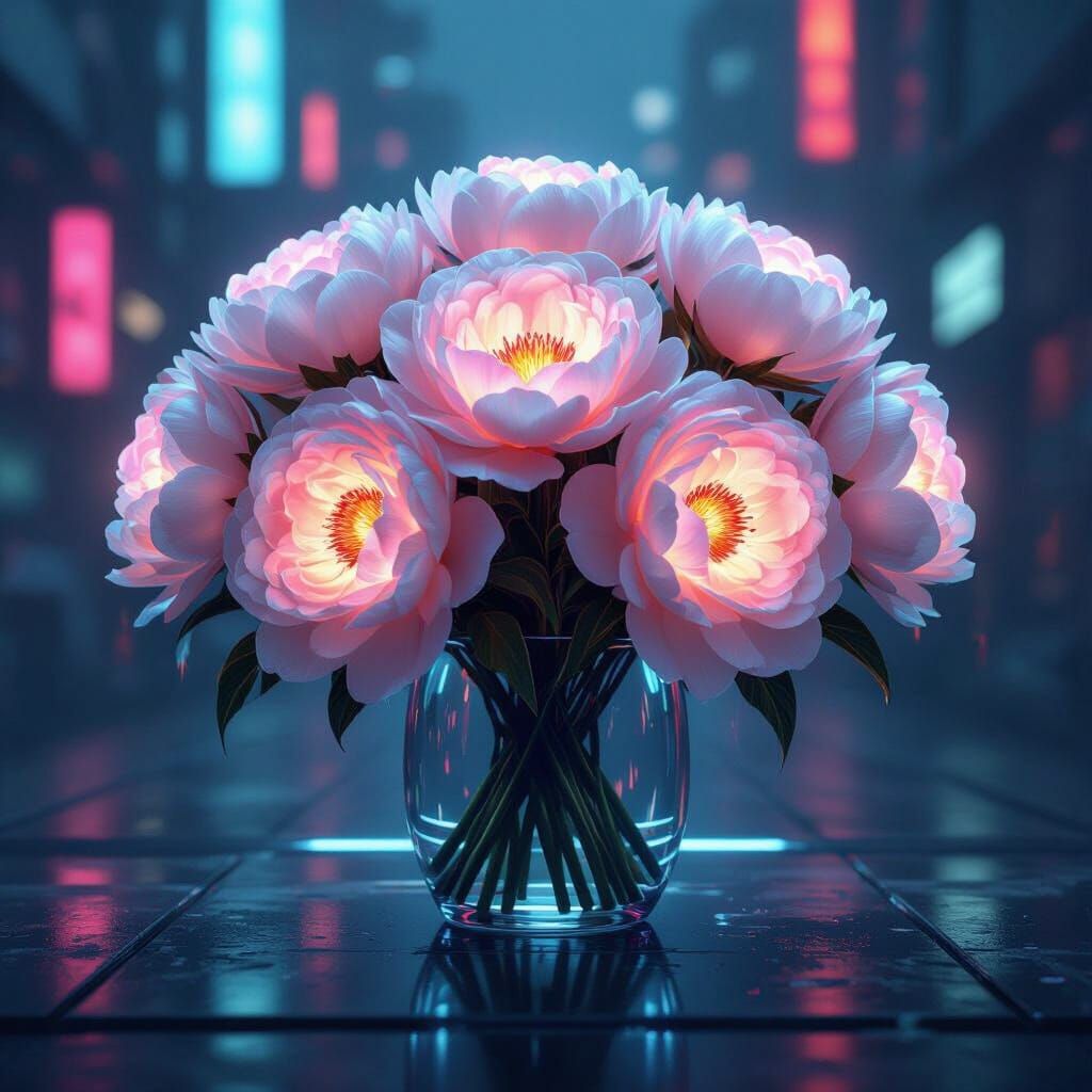 Neon Peonies in Cyberpunk Urban Setting