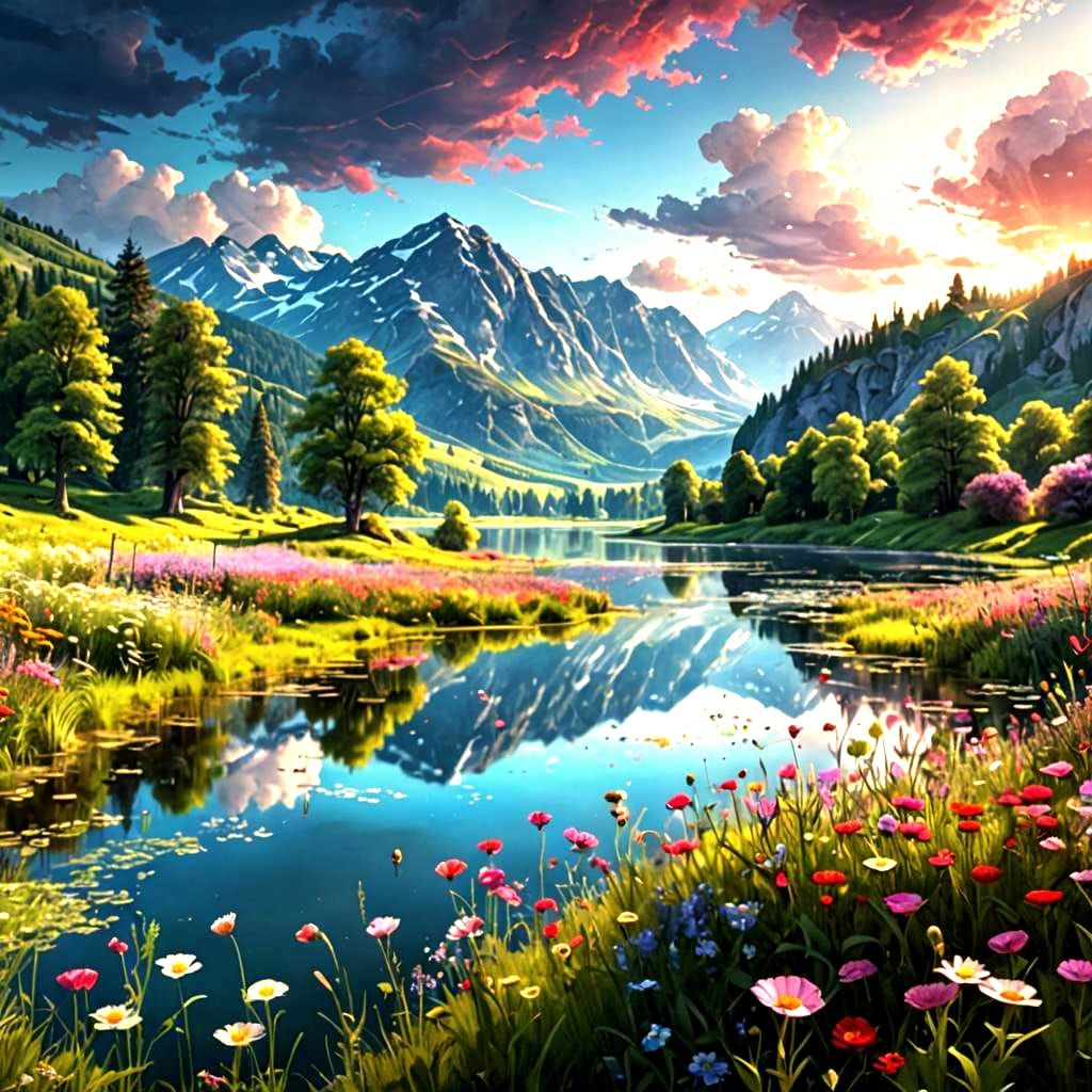 Colorful Lake and Flower Meadows: Digital Matte Painting