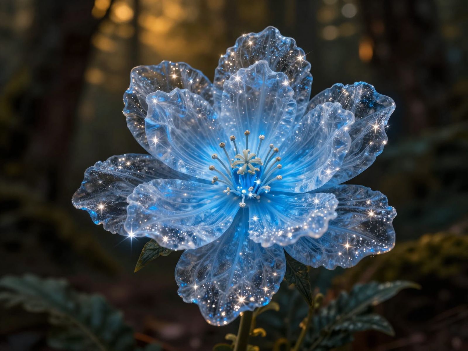 Surreal Glowing Blue Flower in Mystical Forest