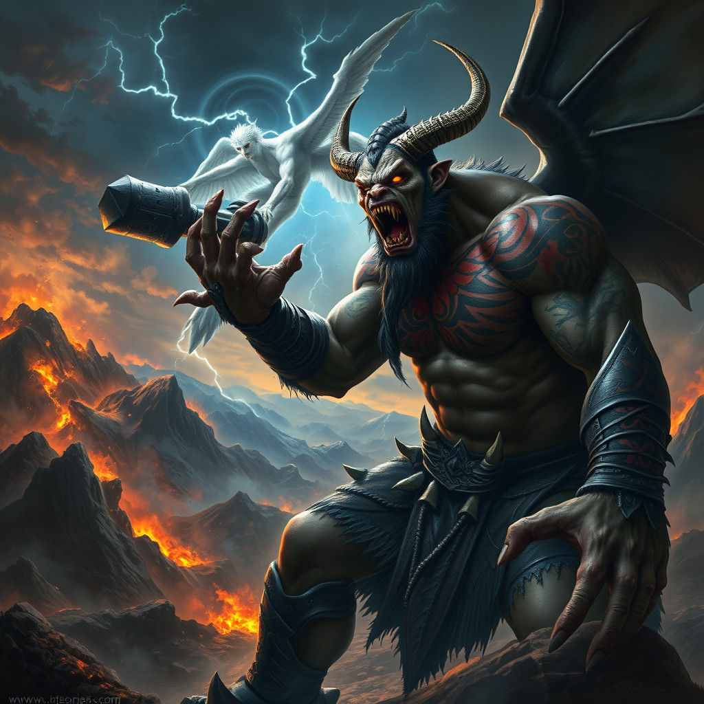 Demon Orc Battles Angel in Dark Fantasy Style