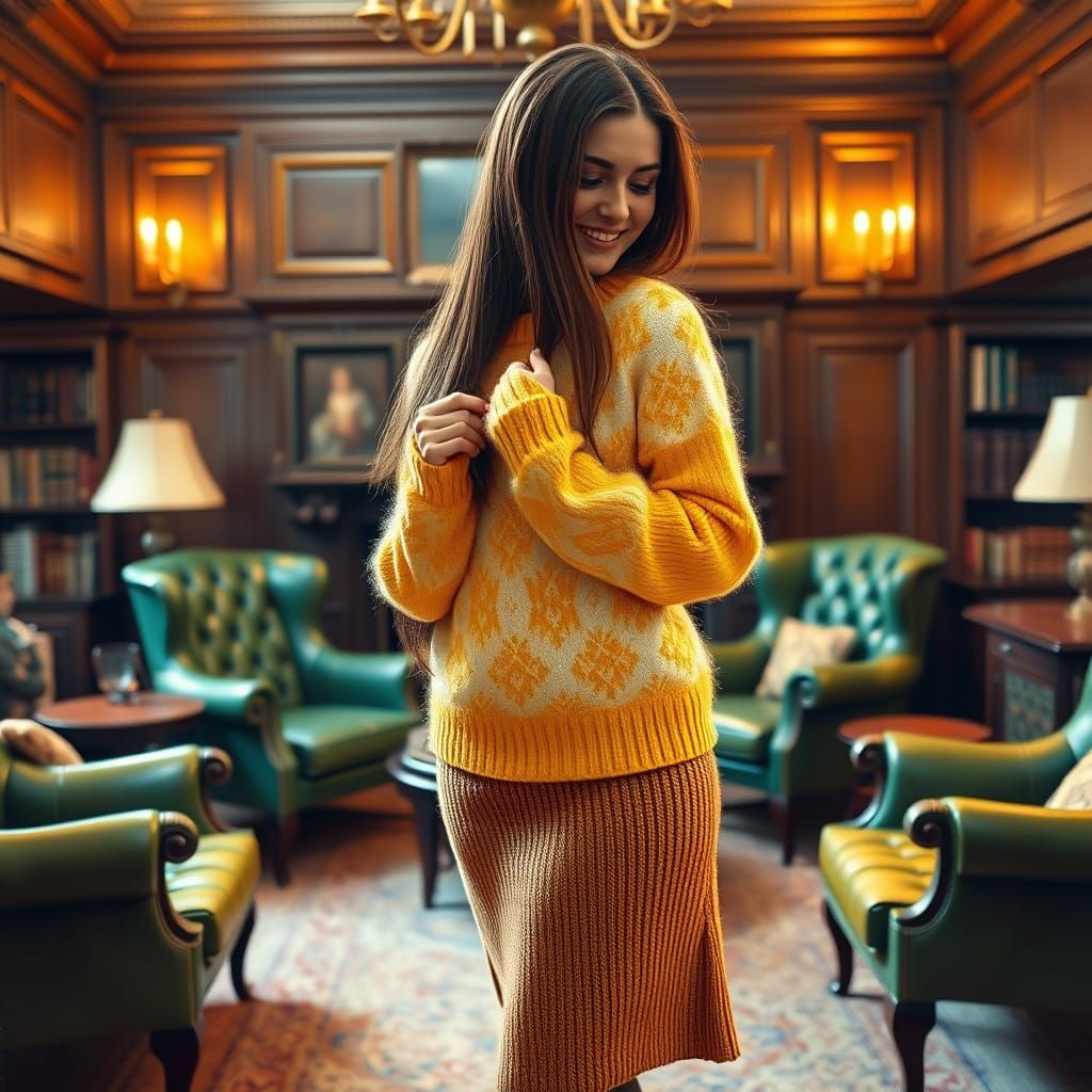 Woman in Cozy Study, Admiring Vibrant Argyle Sweater