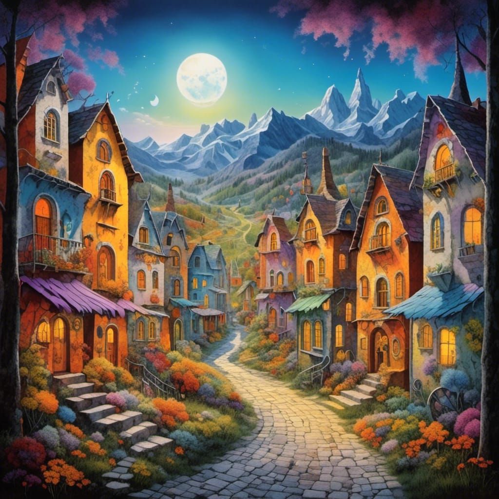 <lora:Indigenous Fantasy:1.0> There's a stranger in my town triadic colors Guido Borelli analogous colors poster art air...