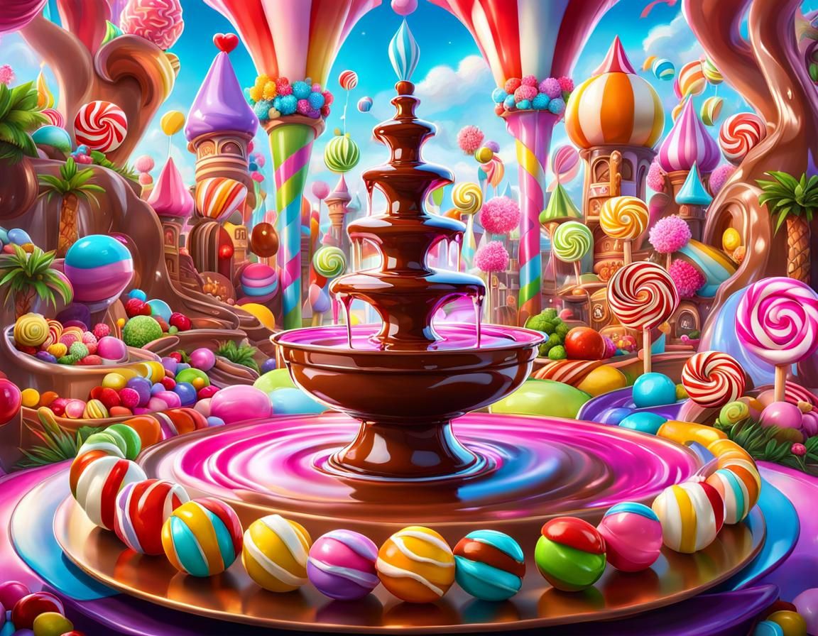 Epic Candyland Chocolate Fountain in Candy Art Style