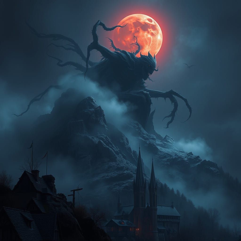 Dark Fantasy Monster Emerges from Shadowy Mountain
