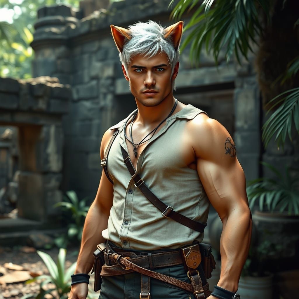 Confident Man with Cat Ears Poses in Jungle Ruins