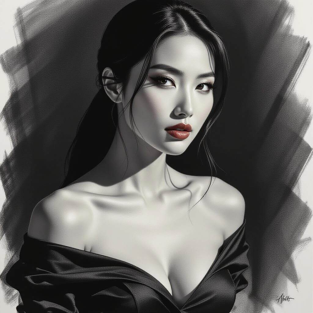 Dramatic Charcoal Portrait of Asian Woman with Golden Gaze