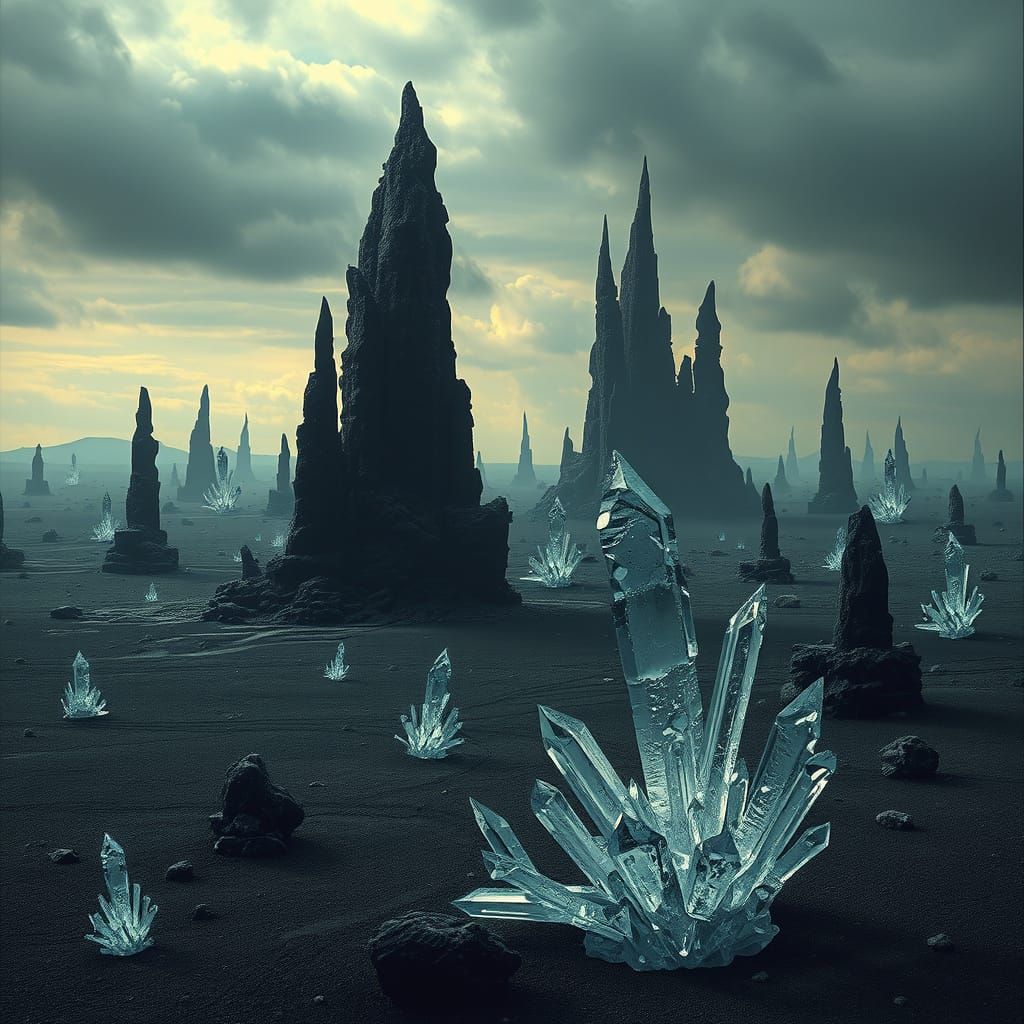 Desolate Obsidian Wasteland with Crystal Growths