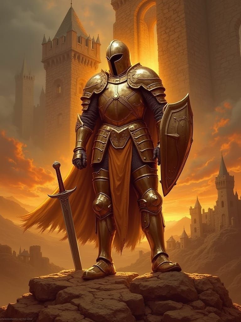 Stoic Knight at Dawn Before Castle in Epic Fantasy Style