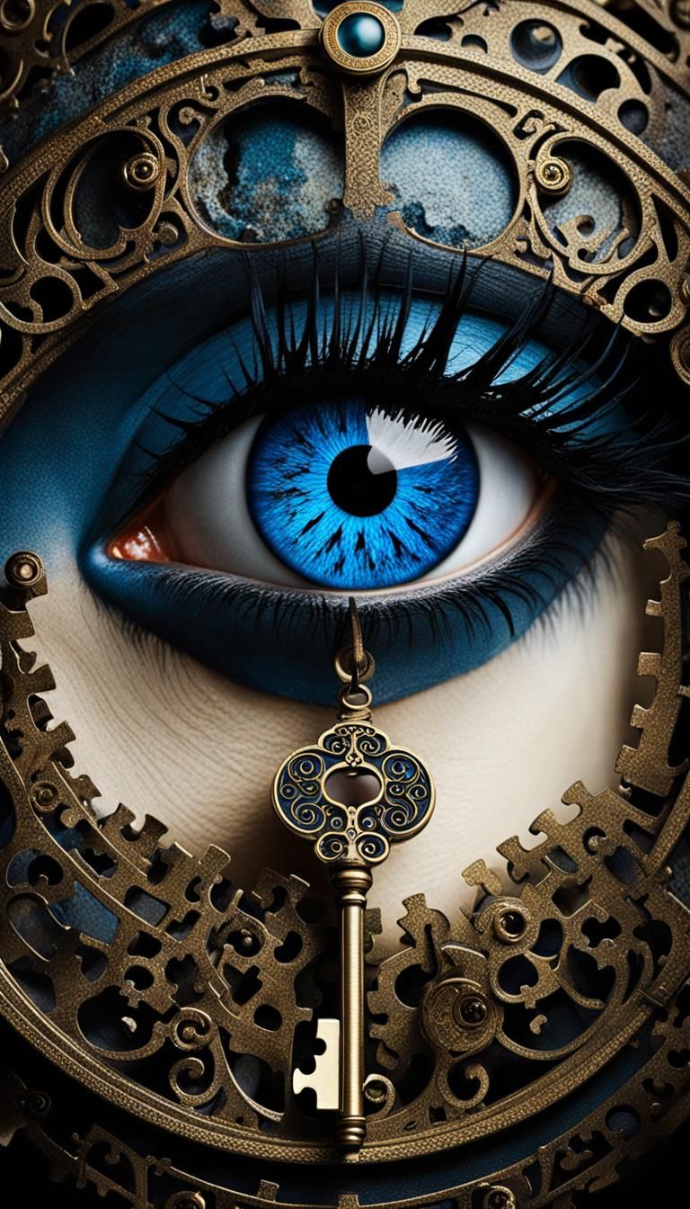 Surreal Key with Blue Eyes in Magical Realism