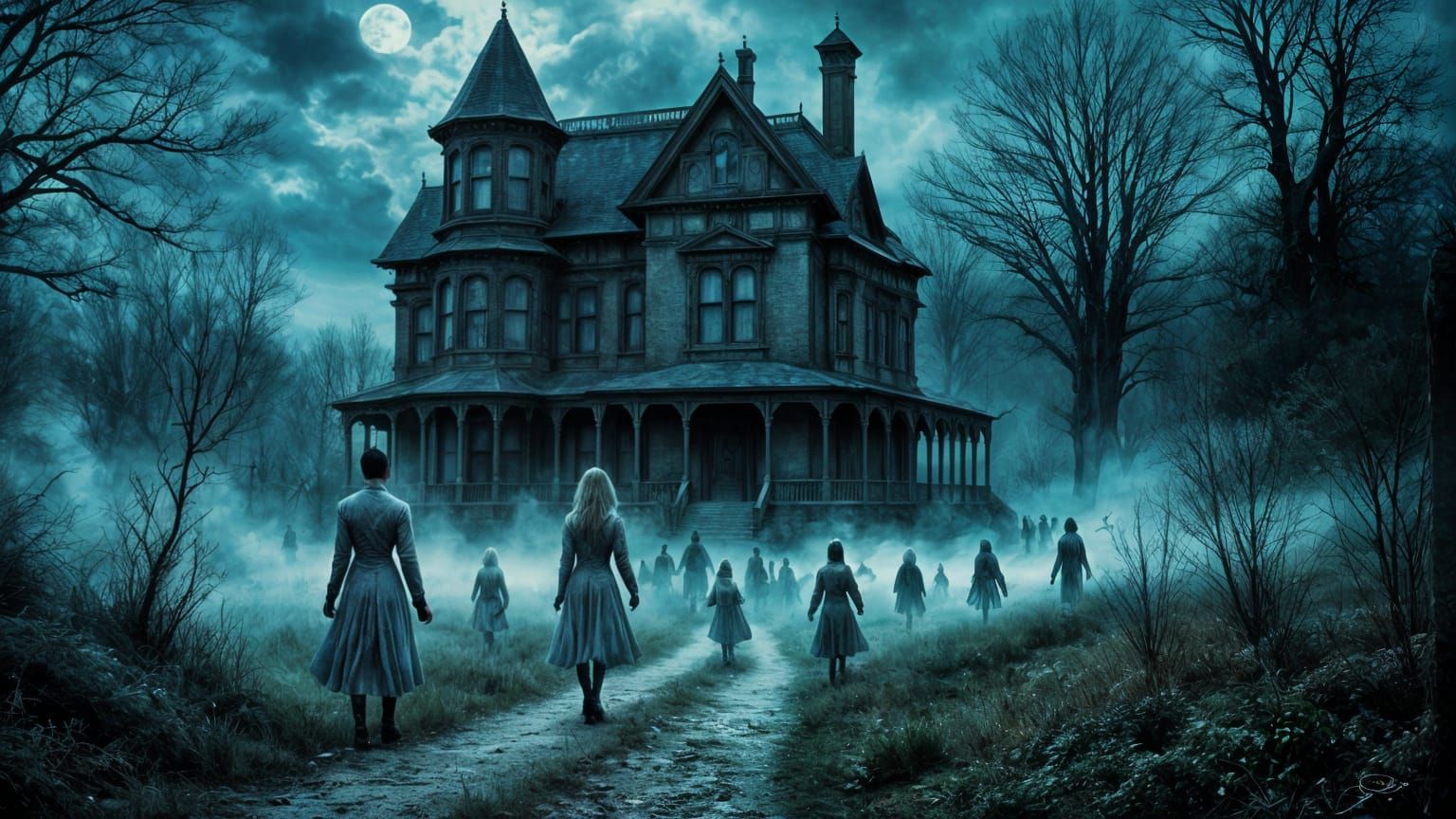Abandoned Victorian Mansion with Ethereal Figures in Moonlig...