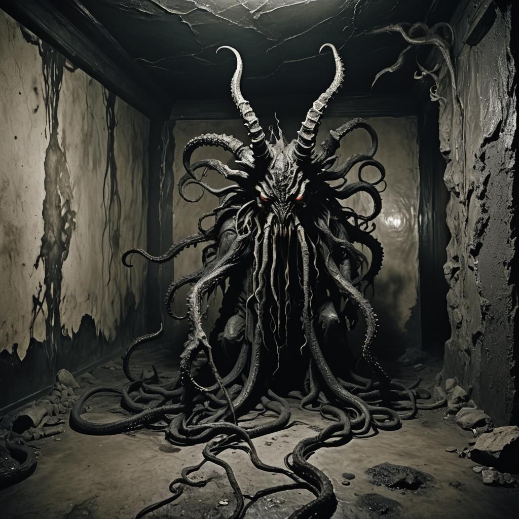 Sinister Horned Void Creature Emerging from Black Paint