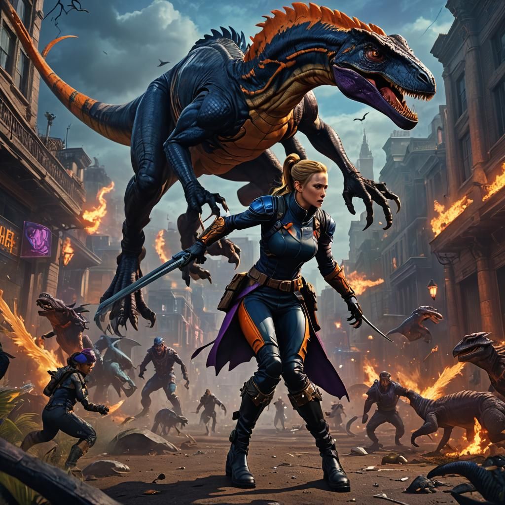 Cammy Battles Velociraptor in Dark Fantasy Art