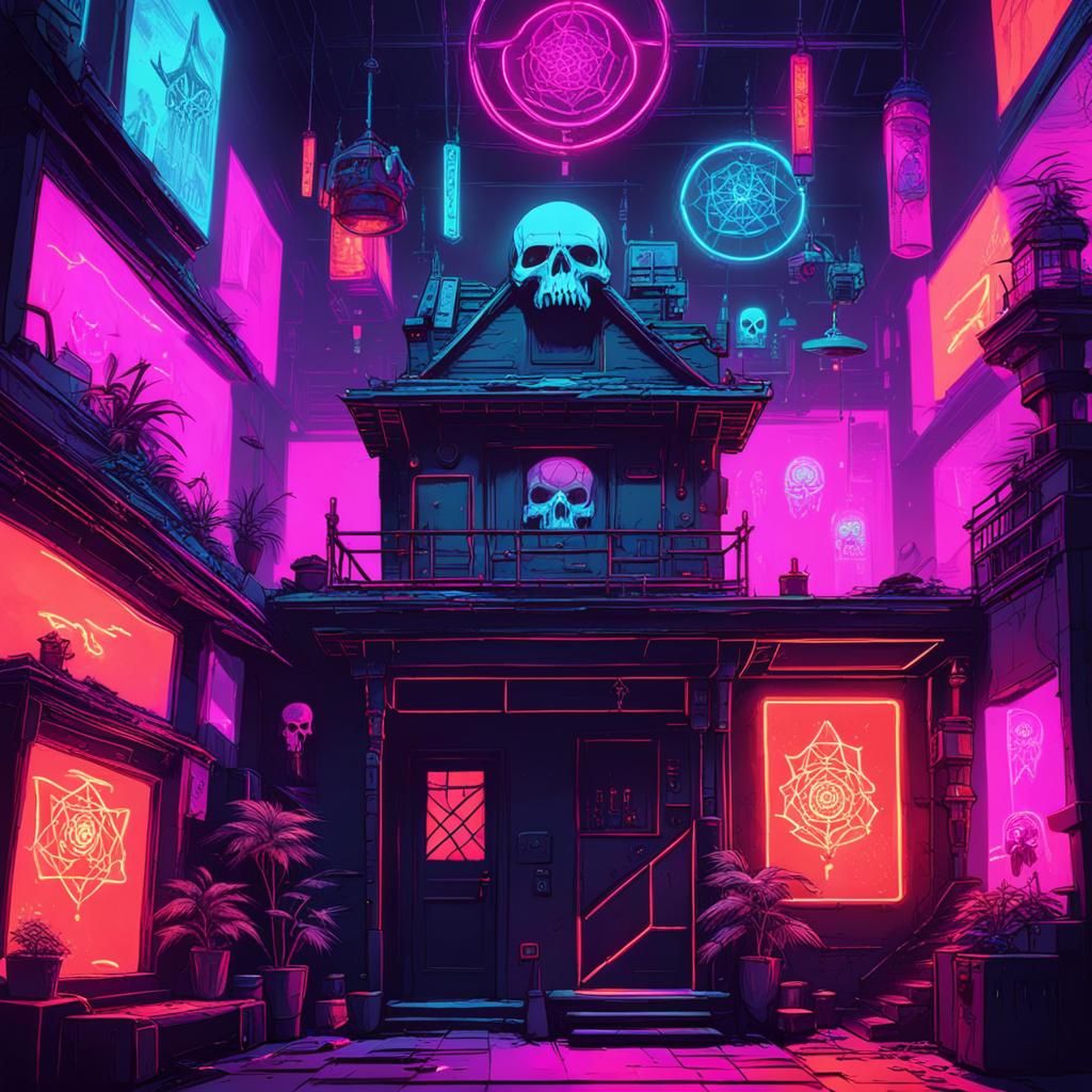Cyberpunk Witch House Interior with Dream Catchers