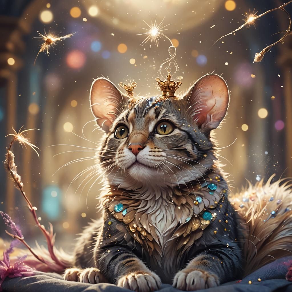 Mouse Perched on Cat Head, Fantasy Art