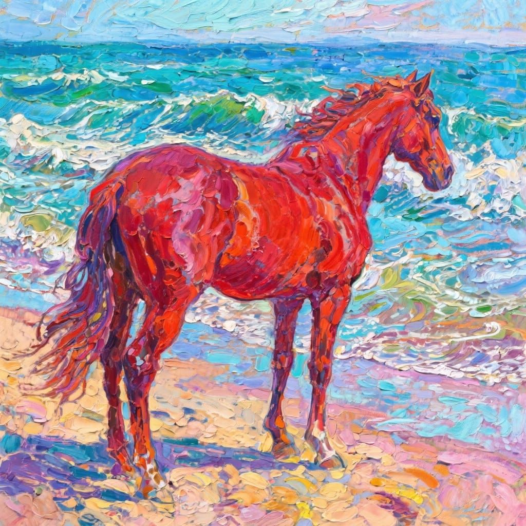 Red Horse on Beach Gazing at Sea Waves