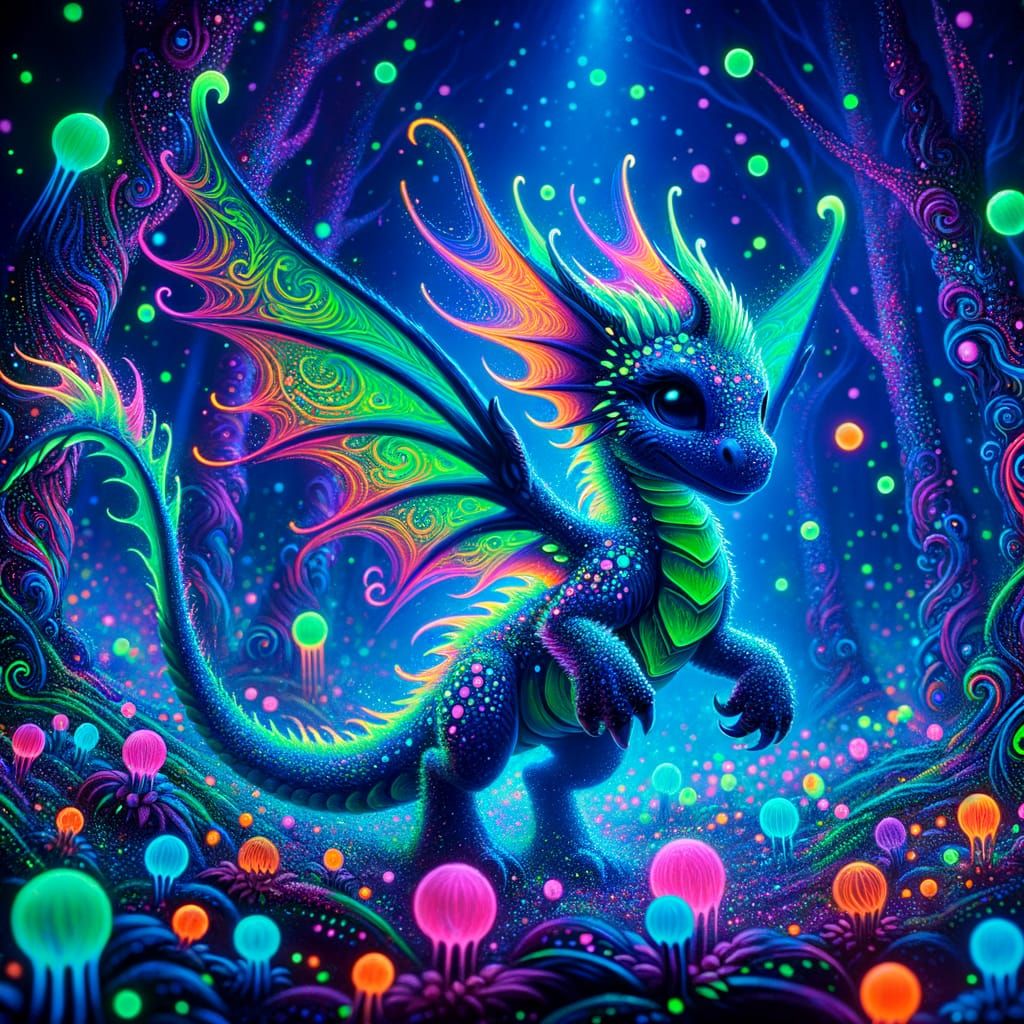 Neon Dragon Dances in Bioluminescent Forest