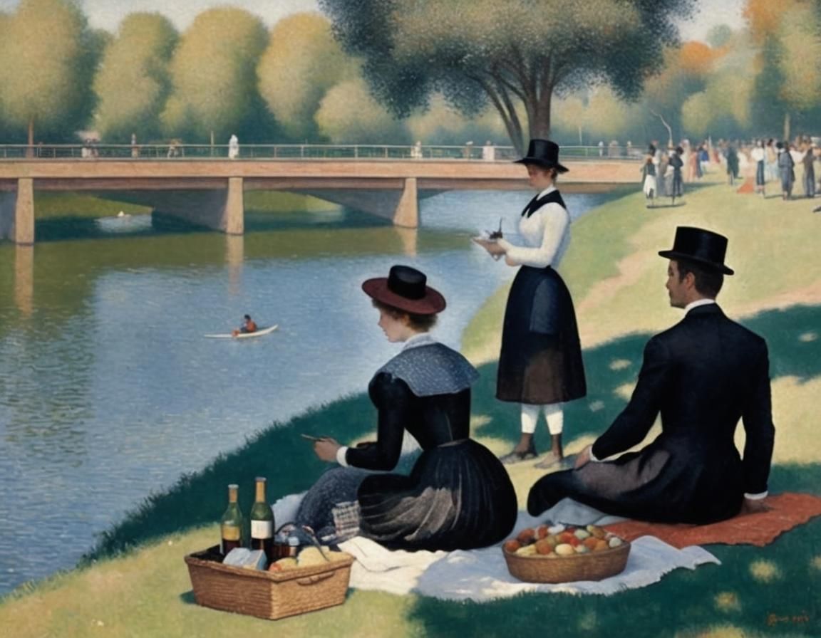 Pointillist Picnic Scene in Impressionist Style