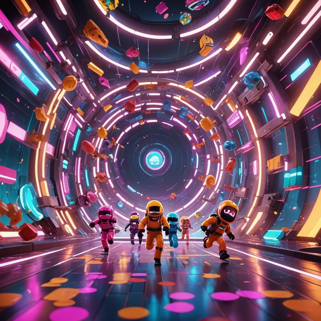 Fall Guys Tumbling Through a Neon Portal